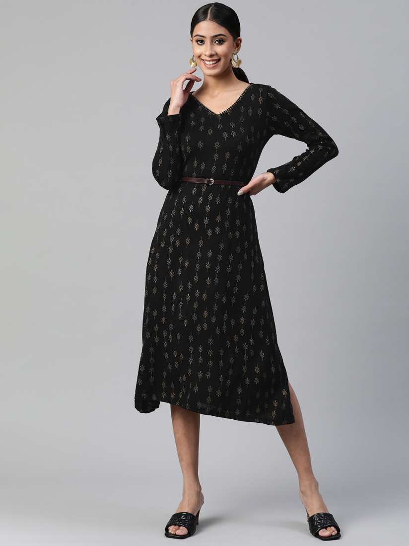 Buy Rangriti Women Black Beige Ethnic Motifs Woolen A Line Dress Ethnic Dresses for Women 15942178 Myntra