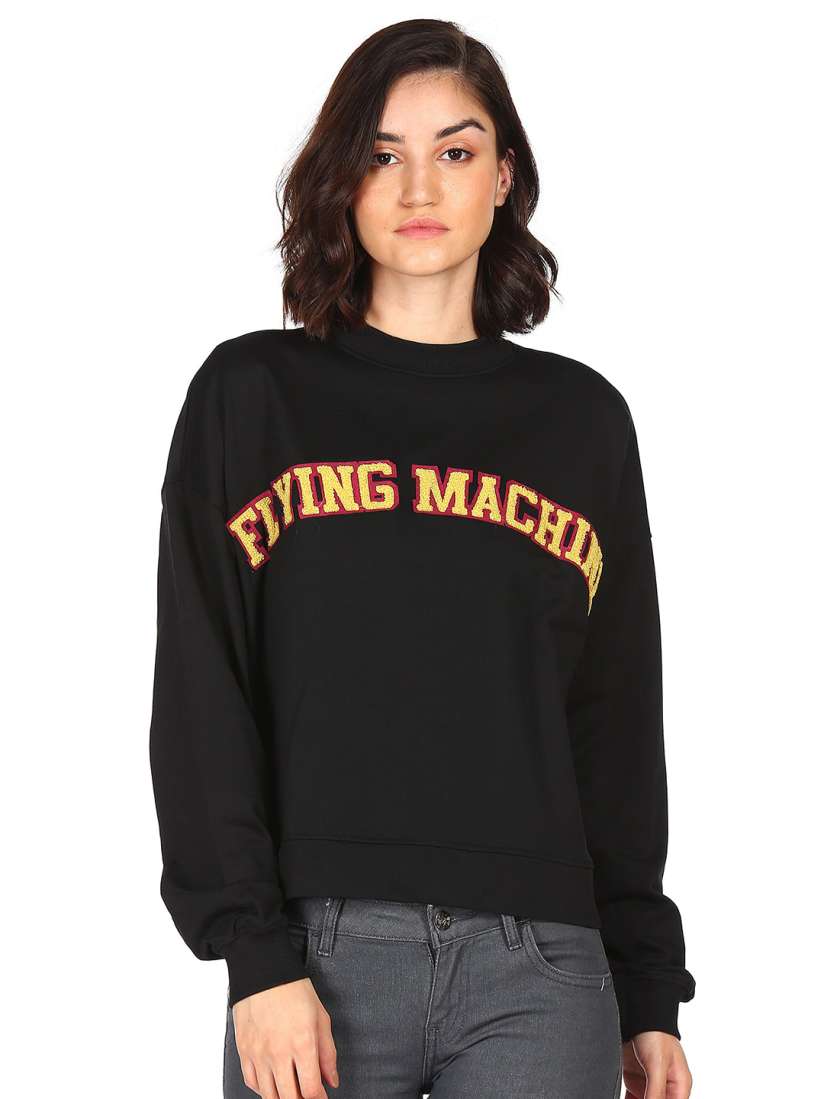 Buy Flying Machine Women Black Typography Embroidered Pure Cotton Sweatshirt Sweatshirts for Women 15954456 Myntra