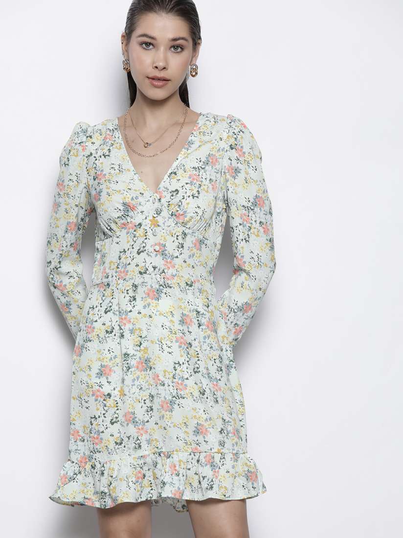 Buy Missguided Sea Green Yellow Floral Print Empire Dress Dresses for Women 15955550 Myntra