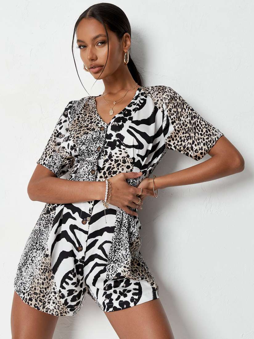 Buy Missguided Women Black White Polyester V Neck Printed Playsuit Jumpsuit for Women 15955556 Myntra