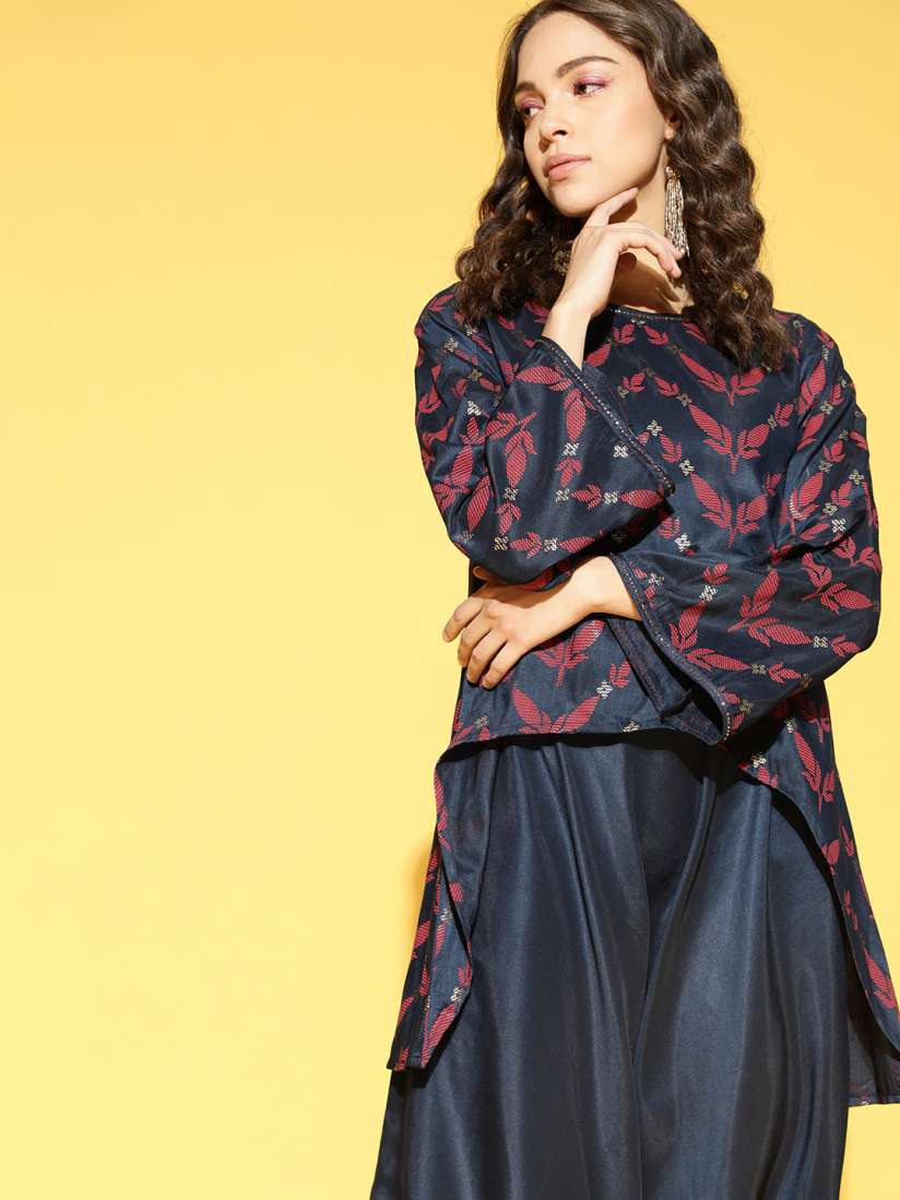 Buy Sangria Women Navy Blue Maroon Ethnic Motifs Printed Regular Kurti with Dhoti Pants Kurta Sets for Women 15955958 Myntra
