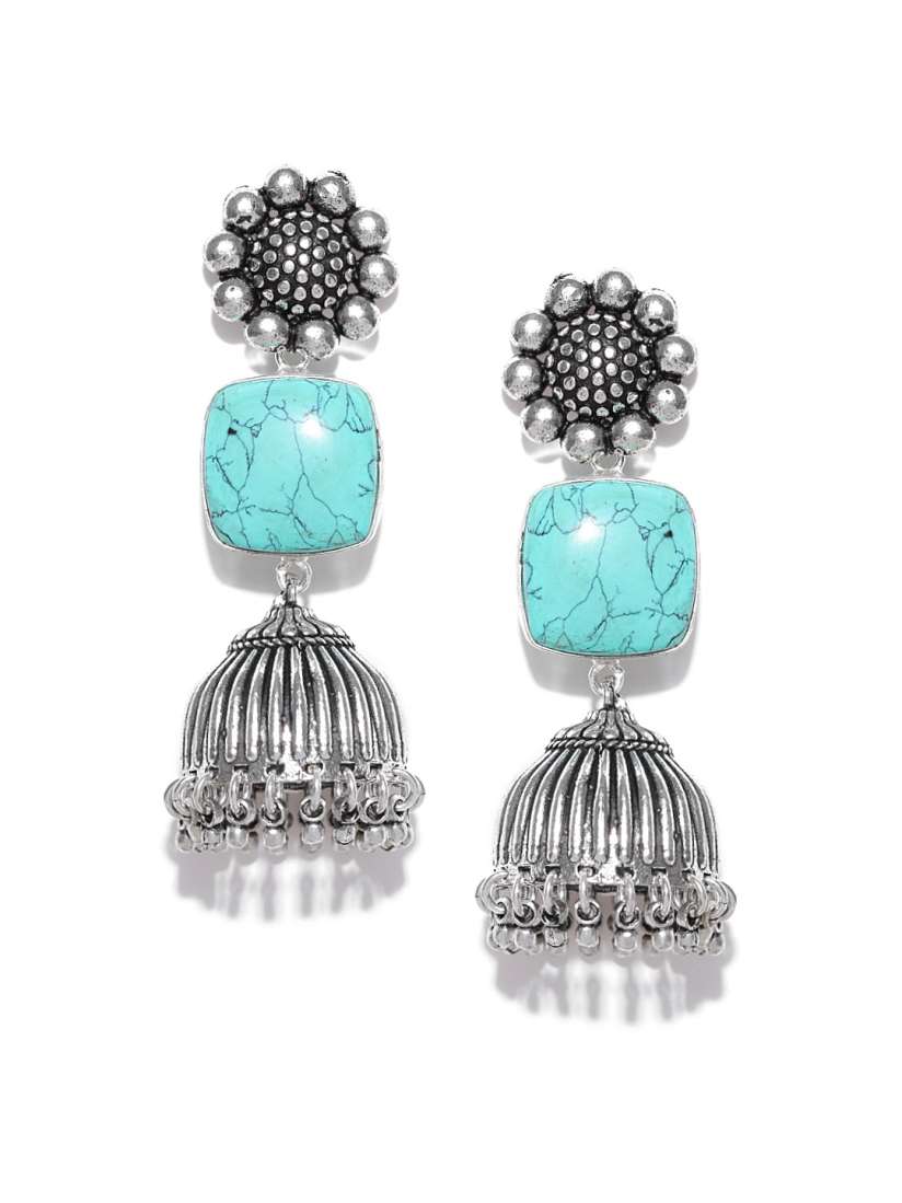 Buy FIROZA Oxidised Silver Toned Green Stone Studded Textured Jhumka Earrings Earrings for Women 1595687 Myntra