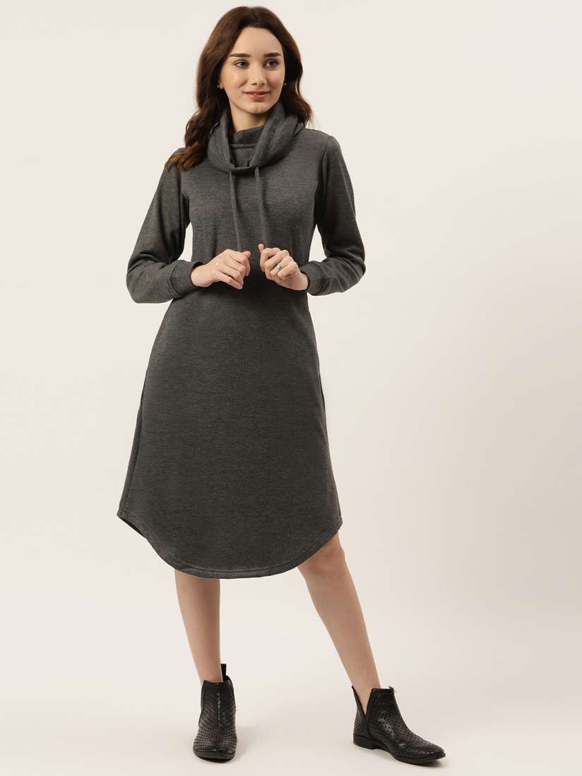 Buy BRINNS Charcoal Grey Cowl Neck Fleece Sweatshirt Style Dress Dresses for Women 15957092 Myntra