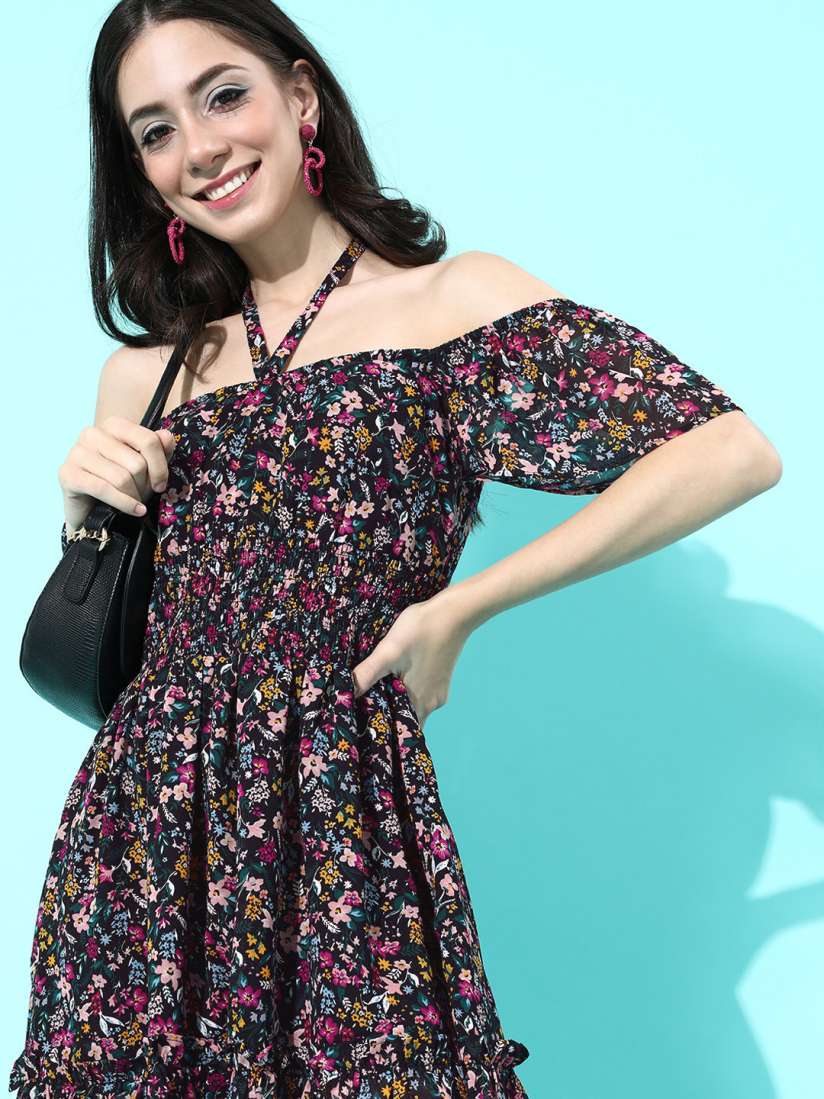 Buy plusS Women Black Floral Tie Up Neck A Line Dress Dresses for Women 15978936 Myntra