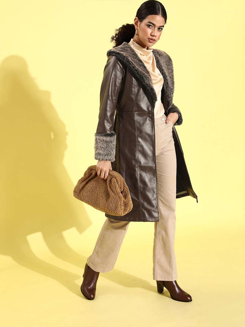 Faux Fur Brown Pu Coat Brown Faux Fur Lined PU Buckled Aviator