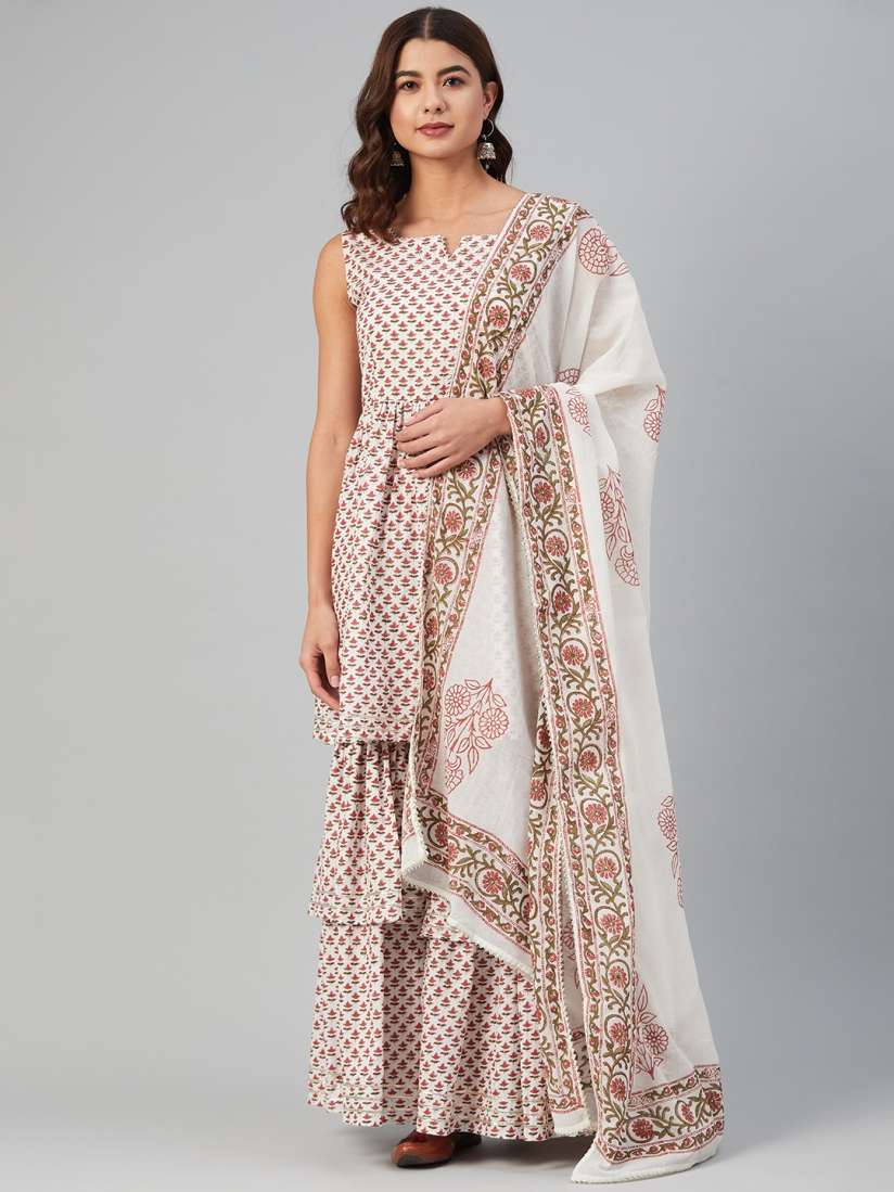Buy Hatheli Women White Hand Block Pleated Pure Cotton Kurti with Sharara With Dupatta Kurta Sets for Women 15998550 Myntra