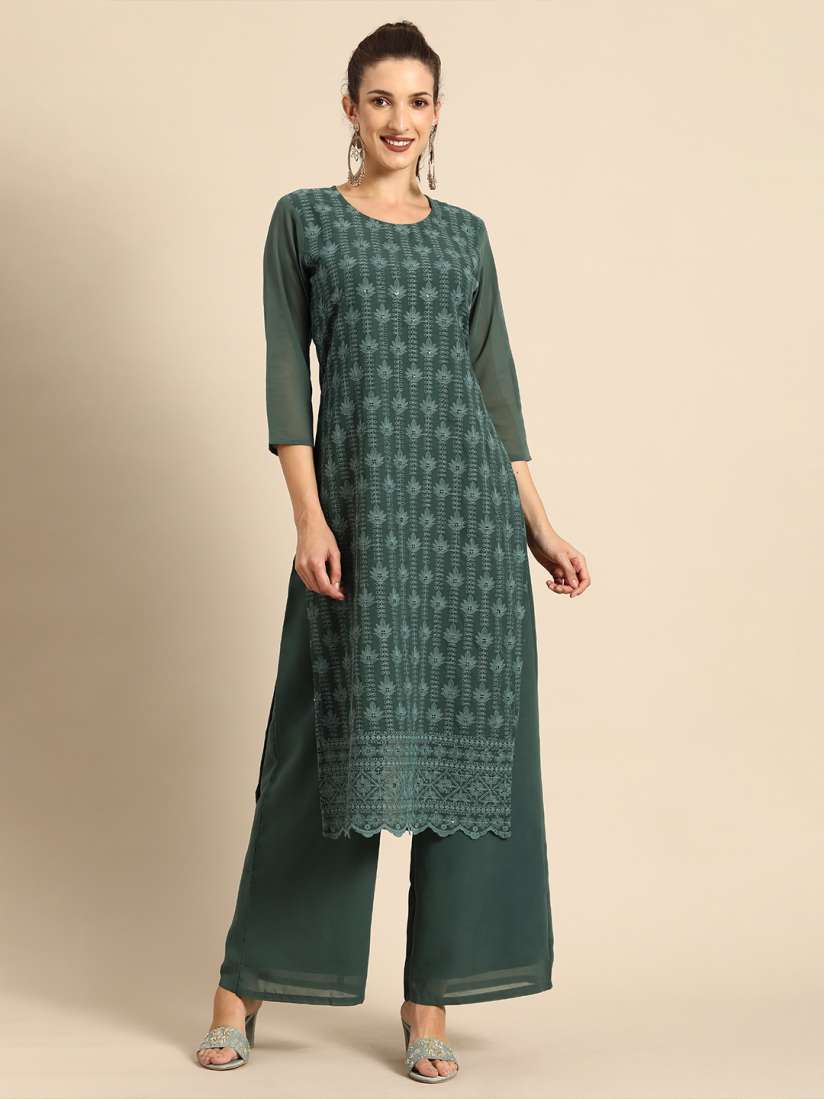 Buy all about you Women Green Ethnic Motifs Embroidered Regular Chikankari Kurta with Palazzos Kurta Sets for Women 16010828 Myntra