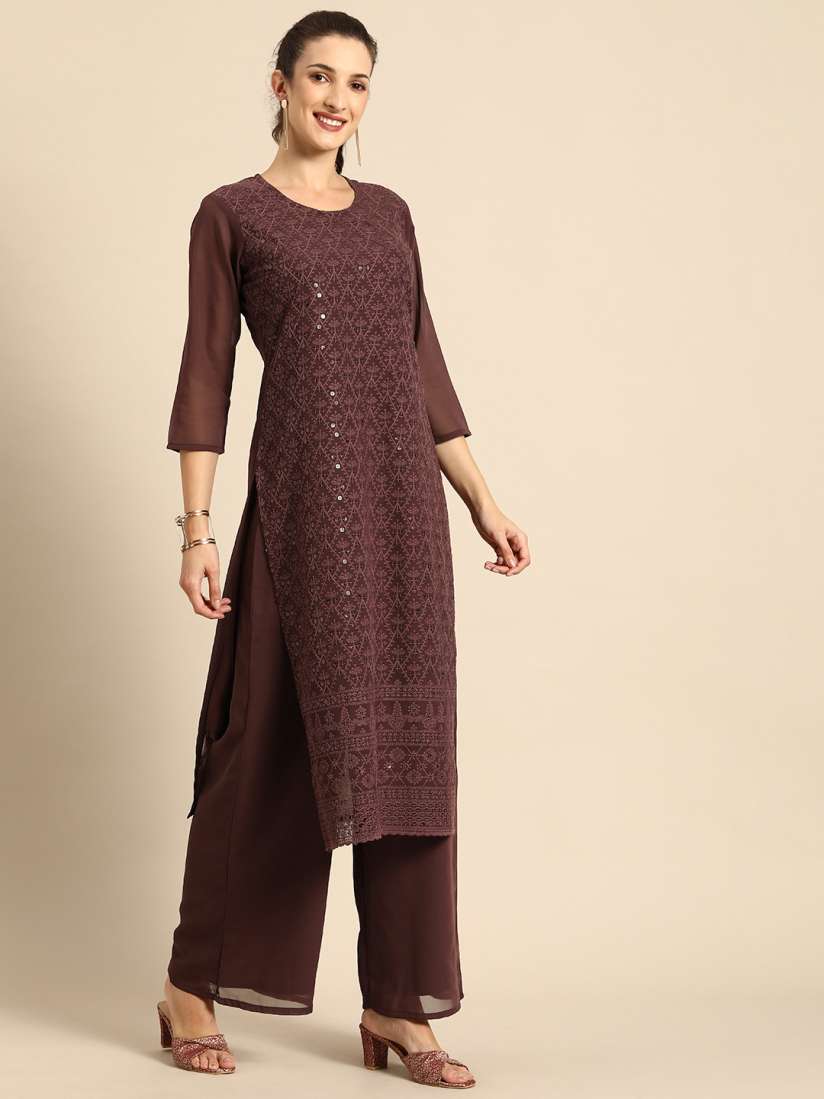 Buy all about you Women Brown Ethnic Motifs Embroidered Regular Chikankari Kurta with Palazzos Kurta Sets for Women 16010830 Myntra