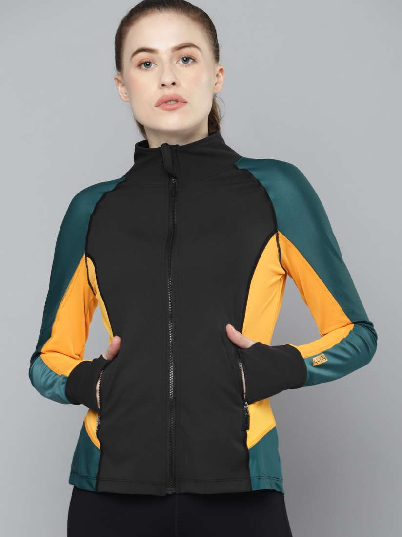 Buy Fitkin Women Black Mustard Yellow Colourblocked Thumbhole Training Sweatshirt Jackets for Women 16017038 Myntra