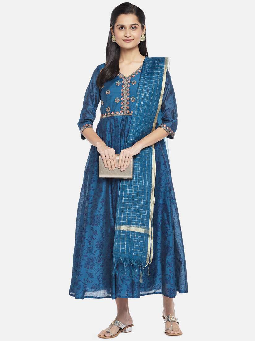 Buy RANGMANCH BY PANTALOONS Teal Blue Embroidered Ethnic Midi Dress Ethnic Dresses for Women 16019722 Myntra