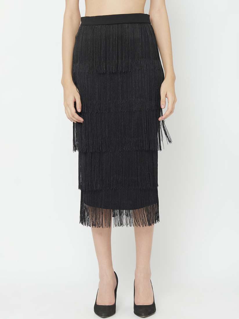 Black tassel fringe midi skirt top