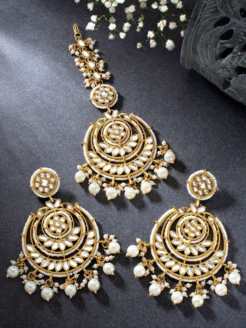 Buy Peora White Gold Plated Kundan Studded Chandbali Earrings Maang Tika Jewellery Set for Women 16030406 Myntra