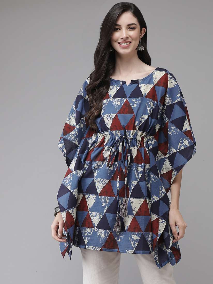 Buy Yufta Blue Red Geometric Printed Flared Sleeves Kaftan Kurti Kurtis for Women 16053306 Myntra