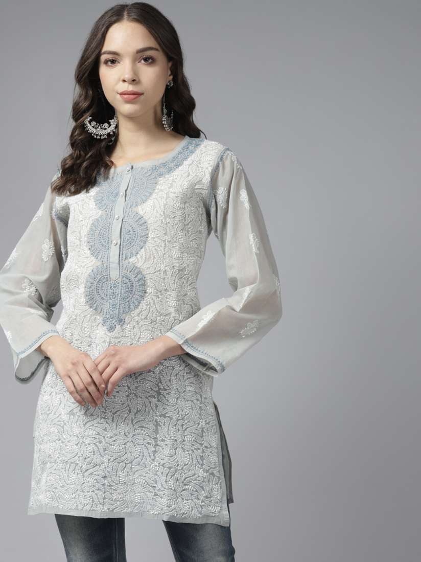 Buy ADA Grey White Ethnic Motifs Embroidered Chikankari Handloom Kurti Kurtis for Women 16055488 Myntra