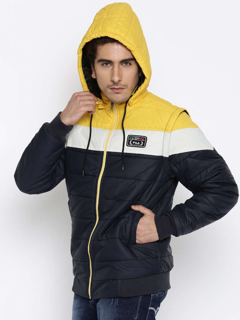 Buy FILA Men Navy Yellow Hooded Puffer Jacket Jackets for Men 1607173 Myntra