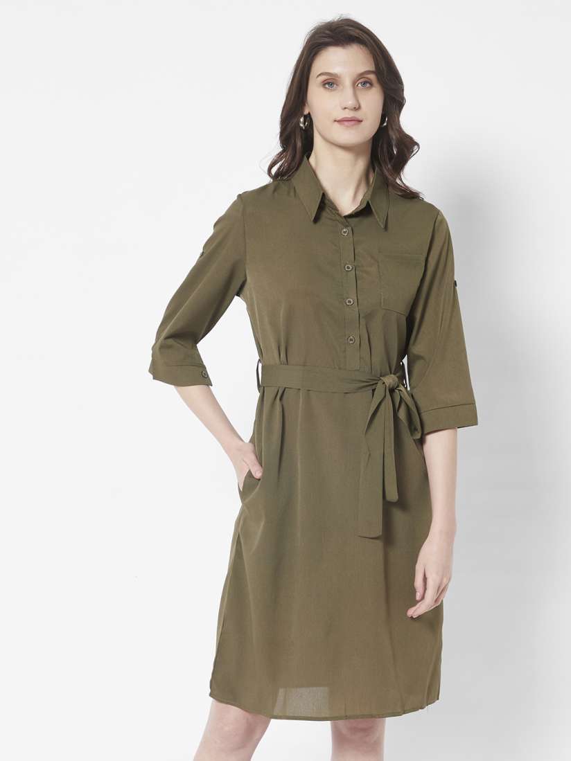 Buy URBANIC Olive Green Solid Shirt Dress With Belt Dresses for Women 16102972 Myntra