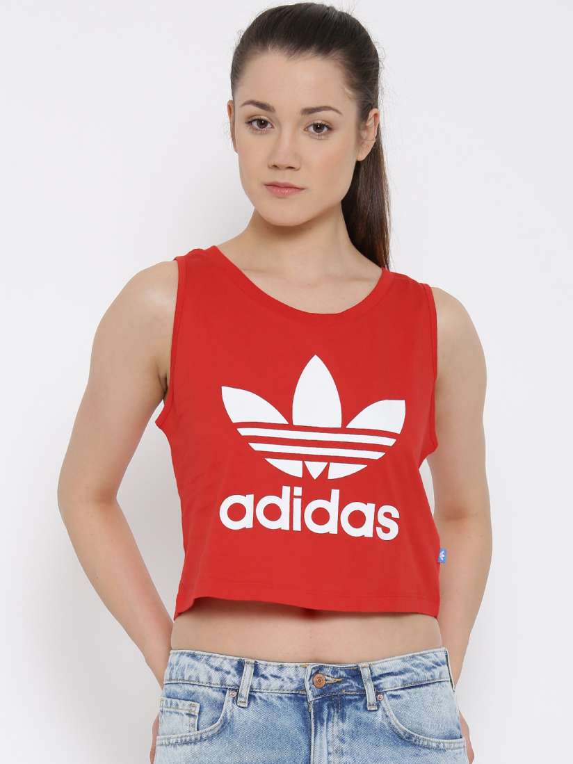 Red and white adidas crop top store