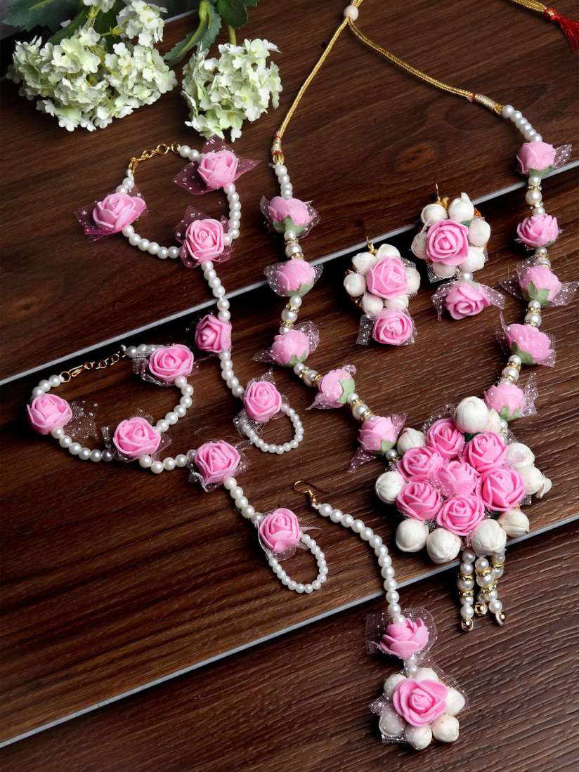Buy ZENEME Pink White Pearl Gota Patti Flower Jewellery Set Jewellery Set for Women 16114440 Myntra