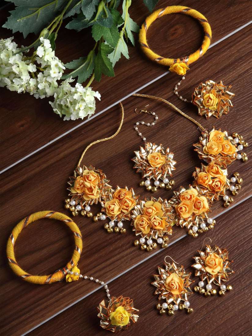 Buy ZENEME Yellow White Pearl Gota Patti Flower Jewellery Set Jewellery Set for Women 16114458 Myntra