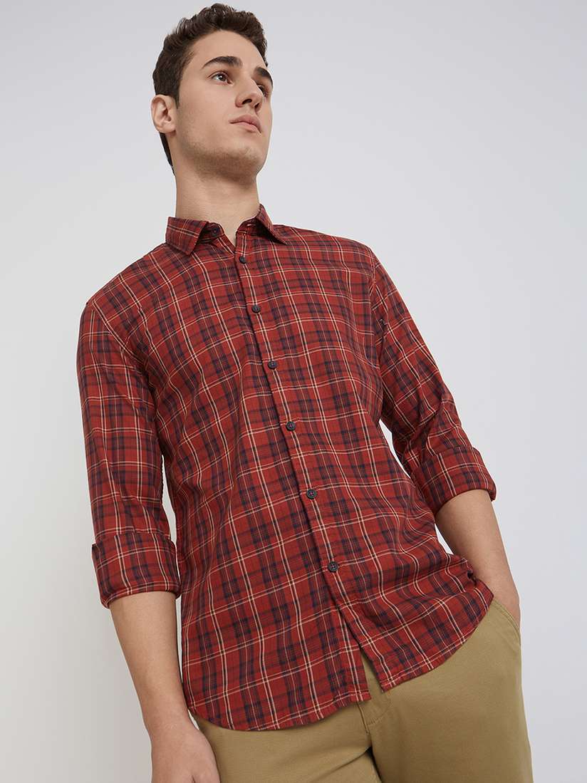 Parx Men Red Slim Fit Tartan Checks Opaque Checked Casual Shirt