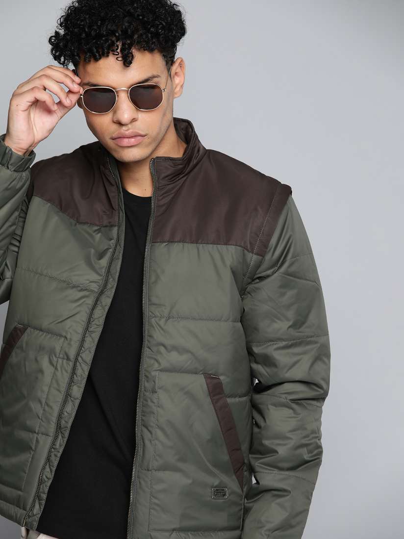 Buy Indian Terrain Men Olive Green Coffee Brown Colourblocked Padded Jacket Jackets for Men 16136706 Myntra
