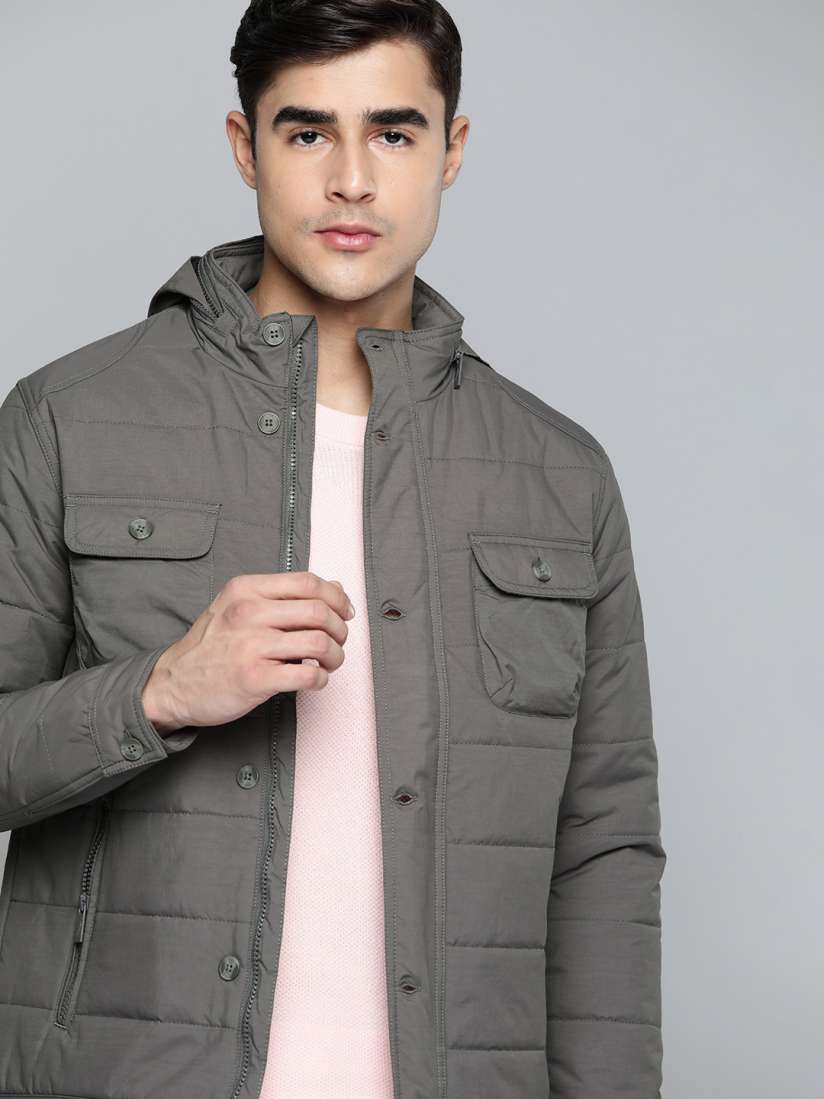 Buy Indian Terrain Men Grey Solid Padded Jacket with Detachable Hood Jackets for Men 16137076 Myntra