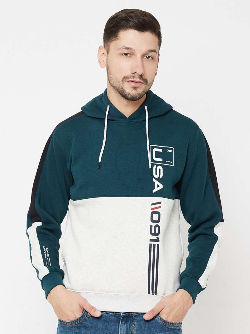 Buy Octave Men Teal White Colourblocked Hooded Sweatshirt Sweatshirts for Men 16174358 Myntra
