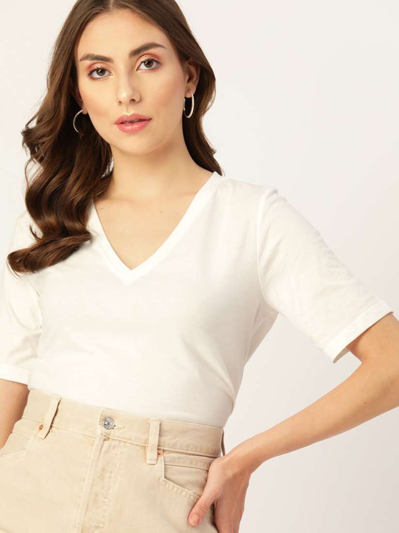 Buy DressBerry Women White Solid V Neck T shirt Tshirts for Women 16184892 Myntra