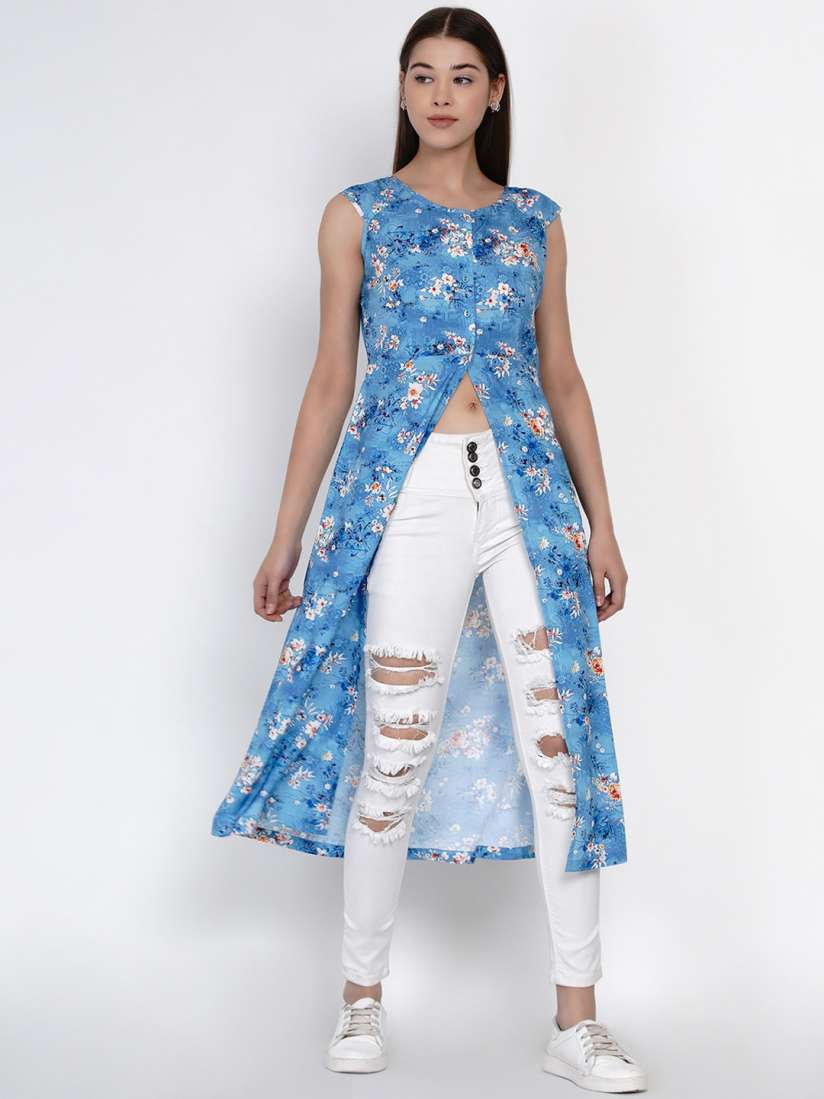 Buy Texco Blue Floral Front Slit Maxi Longline Top Tops for Women 16221178 Myntra