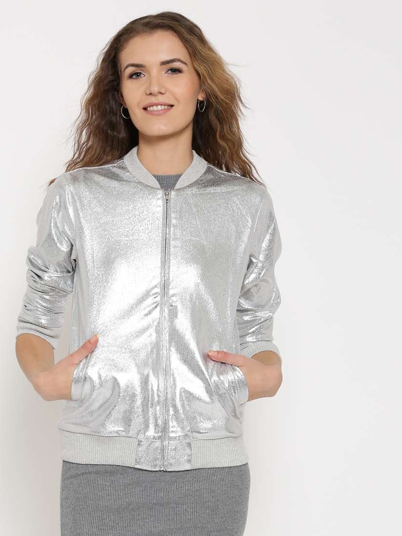 Buy FOREVER 21 Silver Sheen Bomber Jacket Jackets for Women Myntra