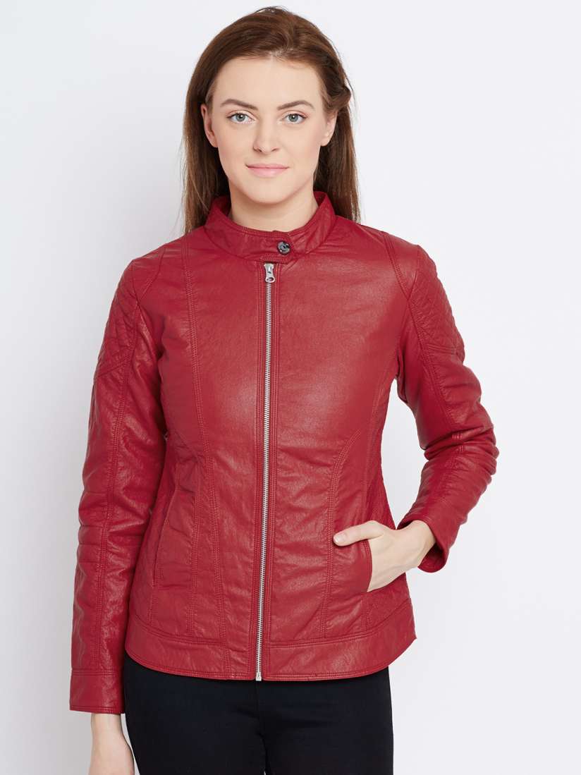 Red faux leather moto jacket best sale