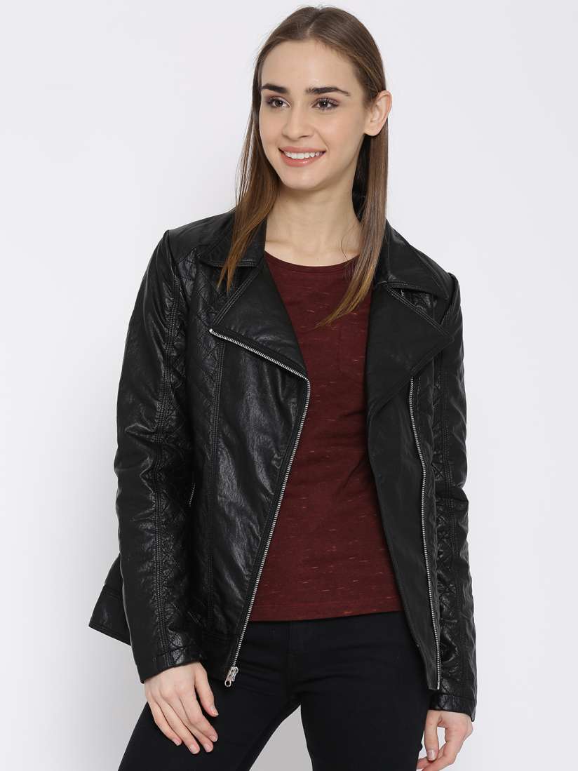 Buy Fort Collins Black Faux Leather Biker Jacket Jackets for Women Myntra