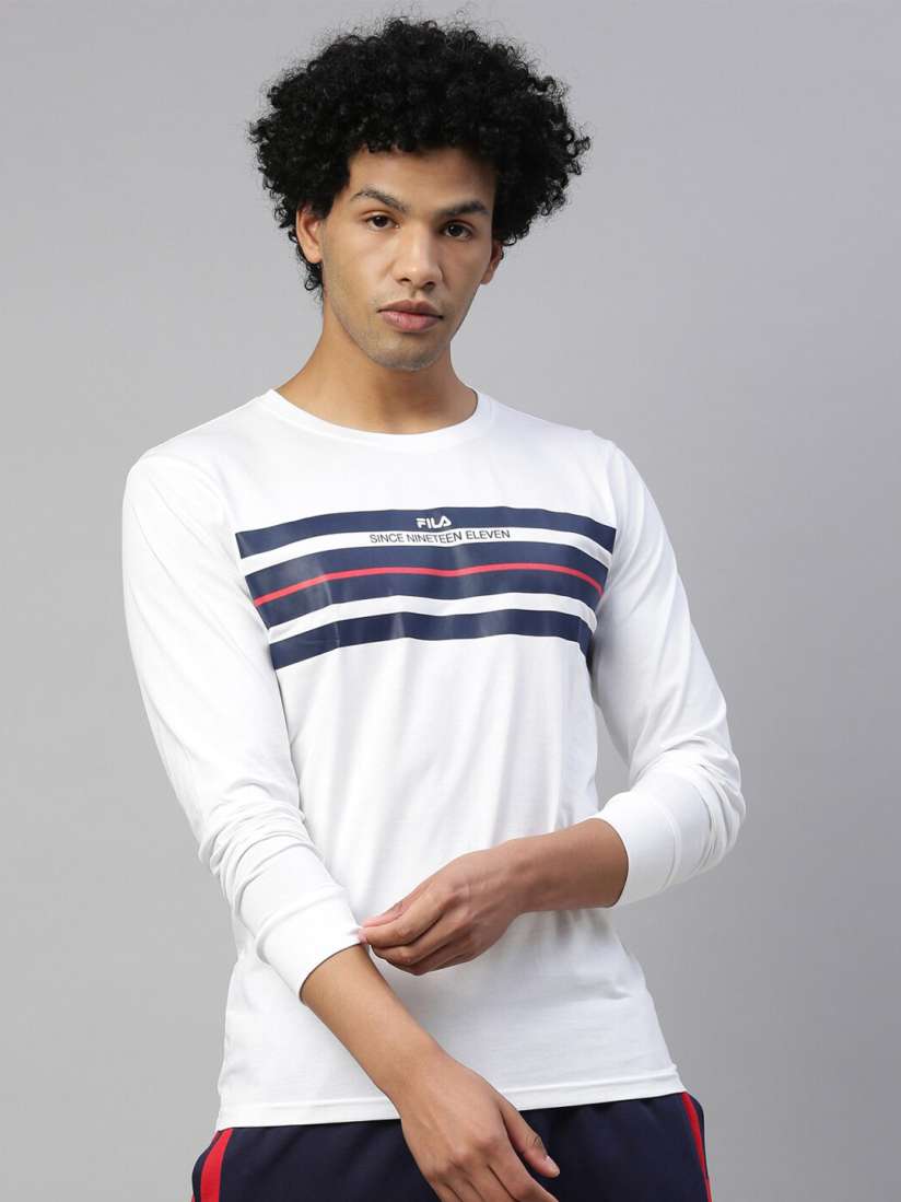 Buy FILA Men White Navy Blue Striped Pure Cotton T shirt Tshirts for Men 16246070 Myntra