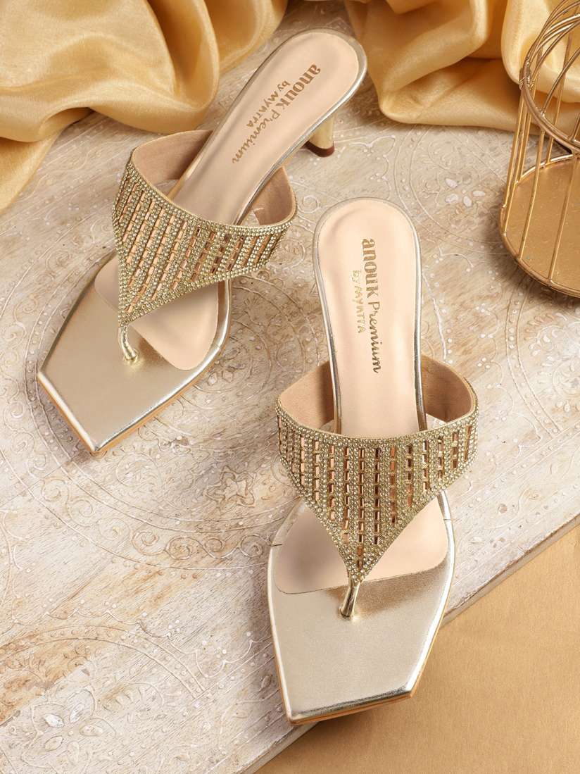 Gold embellished block heels online