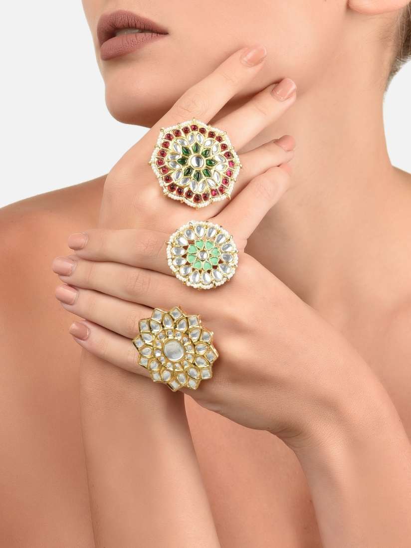 Buy Zaveri Pearls Set Of 3 Gold Plated Kundan Studded Beaded Meenakari Adjustable Finger Rings Ring for Women 16254716 Myntra