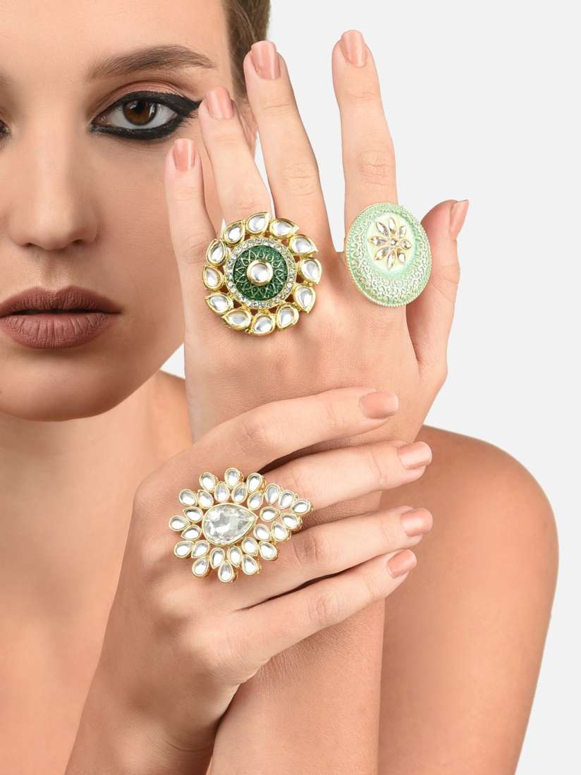 Buy Zaveri Pearls Set of 3 Gold Plated White Green Stone Studded Adjustable Finger Rings Ring for Women 16254772 Myntra