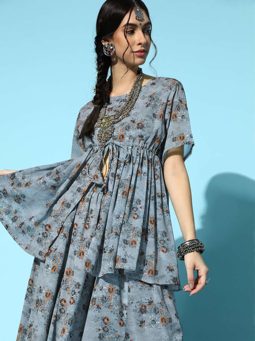 Buy Sangria Floral Poly Georgette Short Kurti with Flared Pants Kurta Sets for Women 16256616 Myntra