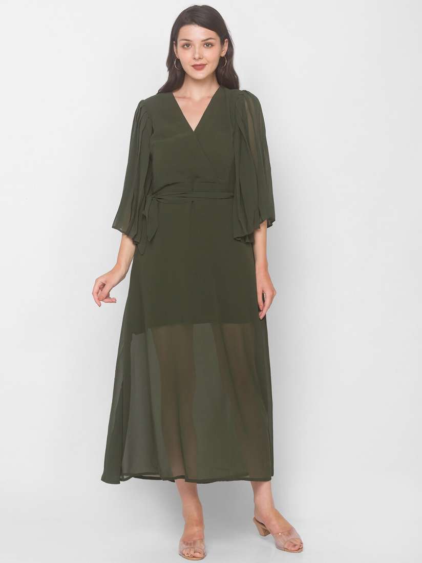 Buy Iti Olive Green Pleated Flowy Maxi Dress Dresses for Women 16280208 Myntra