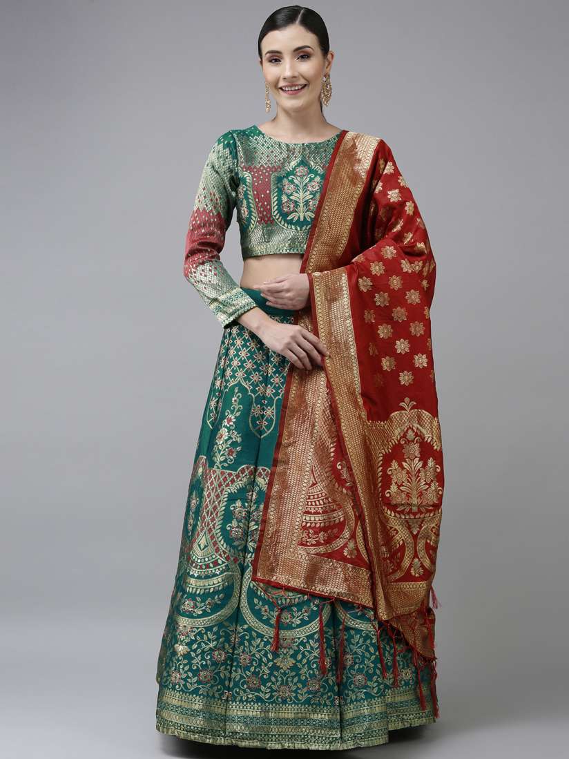 Buy DIVASTRI Green Red Sequinned Banarasi Lehenga Choli with Dupatta Lehenga Choli for Women 16291480 Myntra