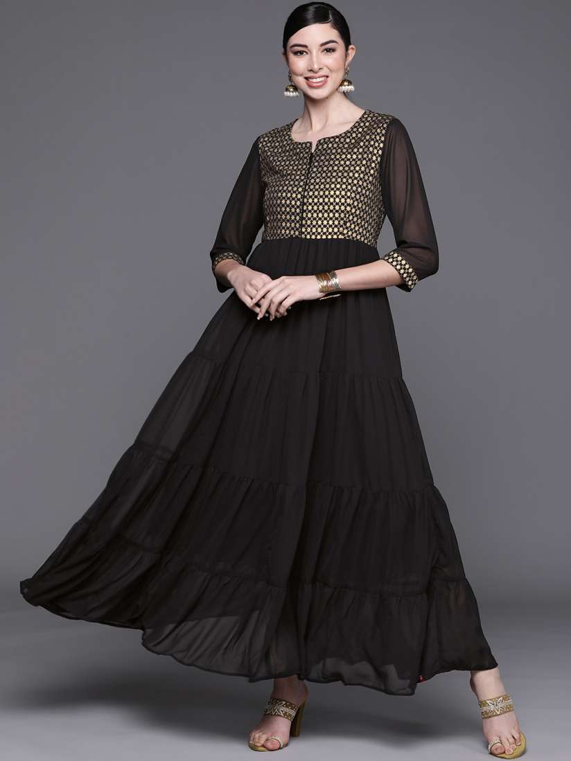Buy Biba Women Black Floral Printed Ethnic Tiered A Line Maxi Dress Ethnic Dresses for Women 16305344 Myntra