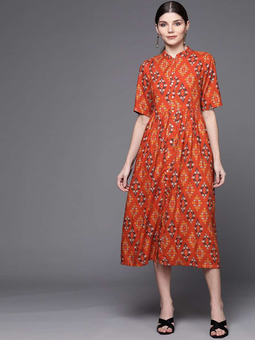 Buy Biba Rust Mustard Yellow Ethnic Motifs Formal Midi Dress