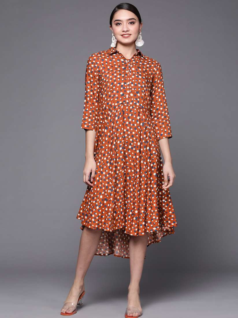 Buy Biba Women Rust Orange Cream Coloured Geometric Print A Line Midi Dress Ethnic Dresses for Women 16305374 Myntra