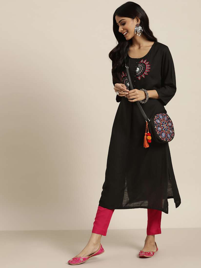 Buy Sangria Women Black Pink Ethnic Motifs Embellished Kurta Kurtas for Women 16305476 Myntra