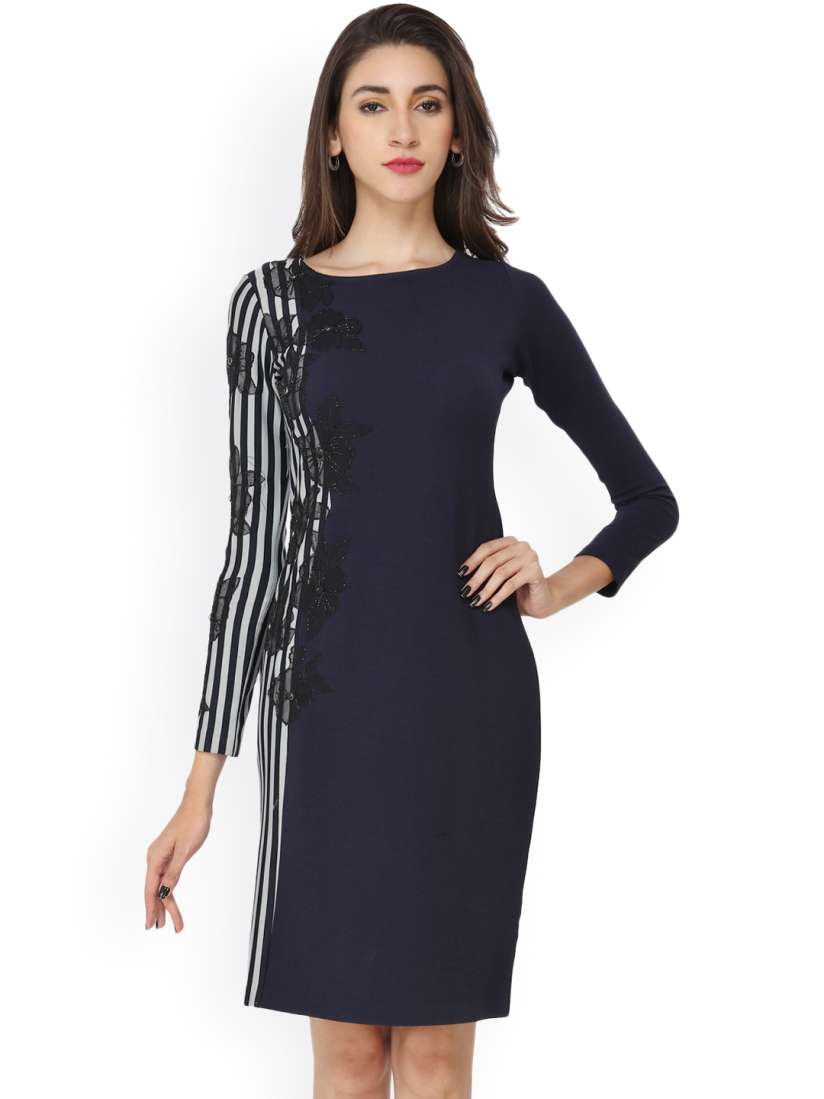 Buy Soie Women Navy Sheath Dress with Striped Detail Dresses for Women 1631944 Myntra