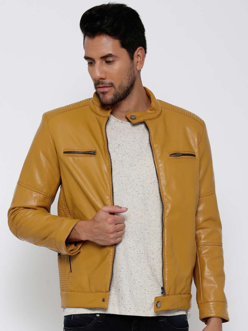 Buy Fort Collins Mustard Yellow Faux Leather Biker Jacket Jackets for Men Myntra