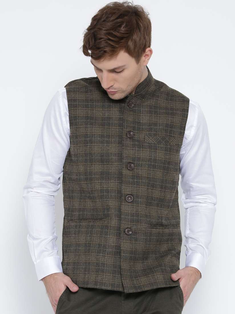 Buy Fort Collins Brown Checked Nehru Jacket Jackets for Men 1632798 Myntra
