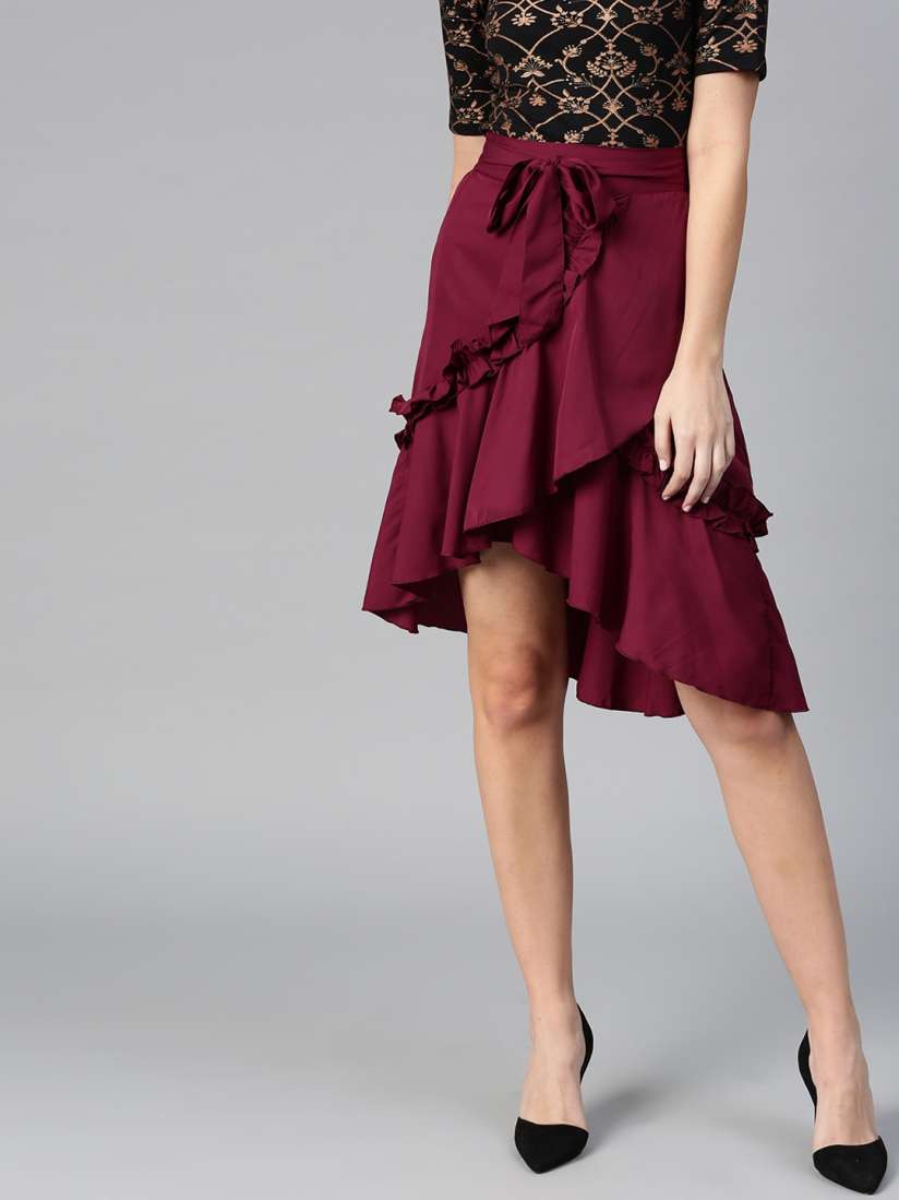 Buy Bitterlime Women Burgundy Solid Overlap Ruffle Skirt Skirts for Women 16344678 Myntra