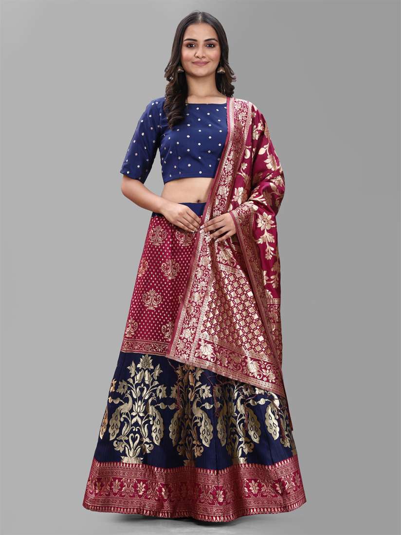 Buy DIVASTRI Burgundy Blue Banarasi Semi Stitched Lehenga Unstitched Blouse With Dupatta Lehenga Choli for Women 16353710 Myntra