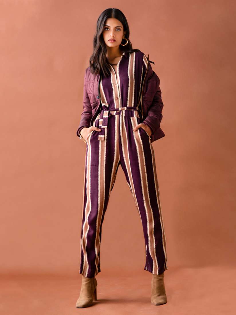 Maroon striped jumpsuit discount