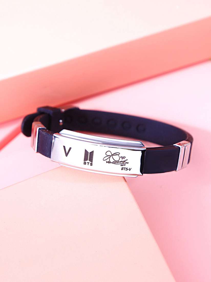 Buy Yellow Chimes Unisex Silver Toned Black Kpop BTS Band V Signature Leather Bracelet Bracelet for Unisex 16360620 Myntra